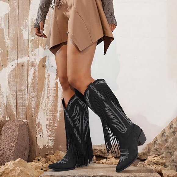 Women Fringe Knee High Cowgirl Western Boots with Classic Embroidery Pointed Toe - Picture 2 of 5
